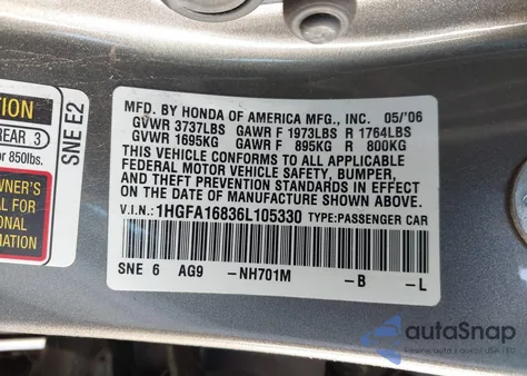 2006 Honda Civic Ex z USA, uszkodzony, nr VIN 1HGFA16836L105330